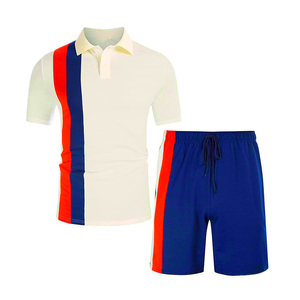 Conjunto de Polo para Hombre con Bloques de Color, Manga Corta, Tejido, Casual, Deportivo, Rayado, Verde, Gris, Blanco, Conjunto Doble - Product Image 4