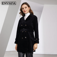 Manteau long croisé ENVAFA pour femme en velours côtelé respirant et à séchage rapide 100 % polyester avec ceinture