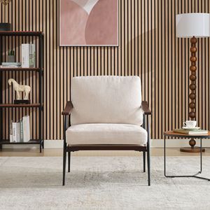 Poltrona Moderna in Tessuto di Lino con Braccioli in Legno, Stile Mid-Century, Sedia Imbottita per Soggiorno - Product Image 5