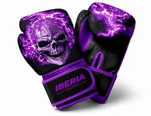 Gants de boxe noirs IBERIA Premium, imprimé crâne violet, gants d'entraînement en cuir PU, logo personnalisé, équipement sportif en gros OEM - Product Image 1