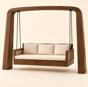Columpio contemporáneo con estructura circular de madera curvada, asiento ovalado y tapicería color crema, disponible a precios de mayorista. - Product Image 2