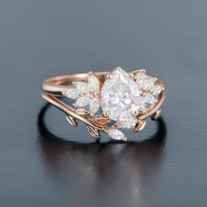 Pear Shaped Moissanite Engagement Ring Set Vintage 925 Sterling Silver 14K Rose <b>Gold</b> Plated Cluster Art Deco Ring - Product Image 4