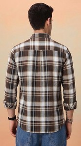 Chemise décontractée pour homme Enovate, en coton à carreaux marron, double boutonnage, manches longues, col rabattu, respirante, style été - Product Image 2