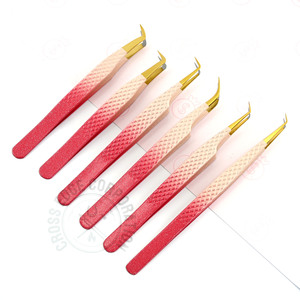 Diamond Grip Eyelash Tweezers Custom Pink Color Fiber Gold Tip Volume Lash Extension Tweezers for False Eyelashes 45 90 Degree - Product Image 1