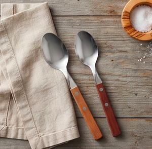 Wooden Handle Stainless Steel Spoons Set Minimalist Design Dishwasher Safe Flatware For <b>Camping</b> <b>Kitchen</b> Dining And Daily Use - Product Image 3
