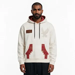 Sweat-shirt à capuche en coton pour homme, style industriel, avec broderie faucon et patchwork, coupe décontractée oversize, pour l'automne - Product Image 2