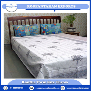 Hand Block Printed Cotton Twin Size Kantha <b>Quilt</b> Throw 150x220 cm Hand Embroidered Indian <b>Bedspread</b> Handmade Home Decor Supplier - Product Image 2