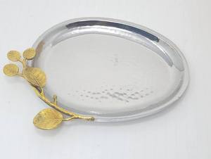 Oval Polished Metal <b>Serving</b> <b>Tray</b> With <b>Gold</b> Leaf Decorative Handle Residential Use Decorative Finish - Product Image 3