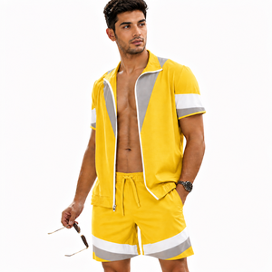 Custom Men's Summer Tracksuit Set Short Sleeve <b>Zip</b> Shirt and Shorts Streetwear OEM Logo Apparel - Product Image 3