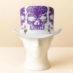 Sombrero de copa unisex de cuero blanco hecho a mano de alta calidad con calaveras moradas, estilo gótico steampunk, para cosplay y festivales. - Product Image 5