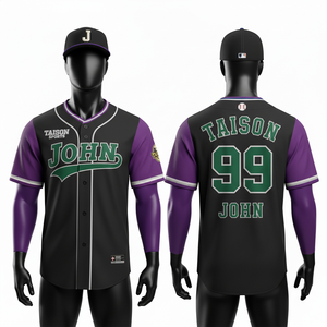 Maillot de baseball pour homme en polyester respirant 180 GSM, noir avec manches violettes et panneaux contrastants, logo d'équipe personnalisé. - Product Image 1