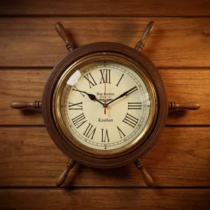 Reloj de Pared con Forma de Timón de Barco, Acabado en Latón y Madera, Movimiento de Cuarzo Silencioso, Reloj Decorativo Marítimo, Decoración Costera para el Hogar - Product Image 5
