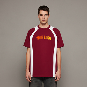 T-shirts courts en coton tricoté 100% avec bordure contrastée pour hommes, grandes tailles, impression personnalisée, qualité supérieure, coupe classique, col en V - Product Image 1