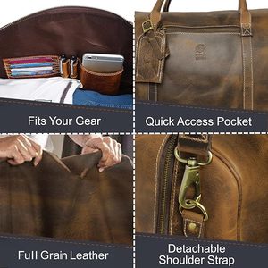 Sac de voyage pour homme en cuir véritable, style vintage, grande capacité 20-35L, poignée souple, fermeture éclair, multifonction - Product Image 5