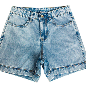 Mid Waist Eco-Friendly Washed Denim Shorts Unisex Casual Solid Color <b>Drawstring</b> Closure 100% Cotton Breathable Front Logo - Product Image 1