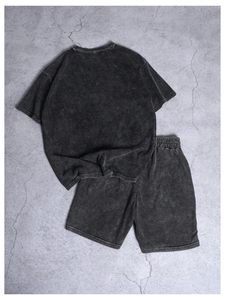 Men <b>Y2K</b> 2 Piece Shorts Set Vintage Washed Graphic T <b>Shirt</b> Drawstring Shorts Streetwear OEM Wholesale - Product Image 2