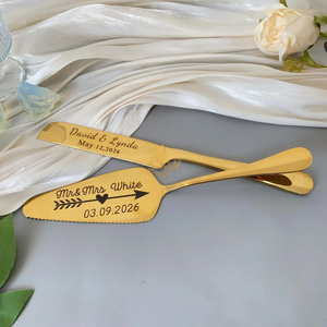 Juego de Cuchillo y Servidor de Pastel de Acero Inoxidable de Alta Calidad con Diseño de Mango con Corte Dorado Hecho a Mano para Bodas - Product Image 1