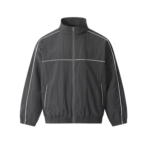 Custom <b>Men</b> Zipper Reflective Stripe Plain Black Pipping Sport Shell Vintage Luxury Streetwear Blank Nylon Windbreaker <b>Jacket</b> - Product Image 1