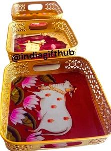 ใหม่มาถึงDesigner Squareรูปร่างเคลือบมือทาสีPichwai Cow Designถาดชุดสําหรับงานแต่งงานของขวัญสุทธิของขวัญเสิร์ฟถาด - Product Image 1
