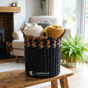 Black Natural Seagrass Eco-Friendly <b>Storage</b> <b>Basket</b> with Handles Circle Woven Organizer Bin for Home Bedroom Living Room - Product Image 4