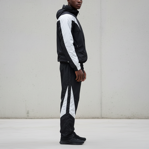 Customized Men's Black White Color Blocking Tracksuit Full Zip Hooded Sporty Regular Fit 2 Piece <b>Set</b> Autumn Wear Quick Dry Poly - Product Image 2