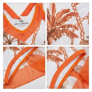 Ensemble 2 pièces imprimé palmiers oranges avec body croisé à bretelles et jupe portefeuille pour femme, tenue de plage - Product Image 4