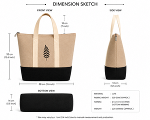 Sac fourre-tout en jute avec broderie de feuilles, fermeture éclair, style minimaliste, utilisation quotidienne, plage, shopping, voyage, doublure en toile, beige et noir - Product Image 2