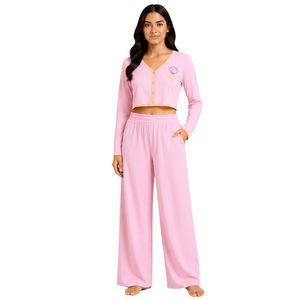 Conjunto de Pijama Corto de Manga Larga para Mujer, Color Rosa Claro y Melocotón, Bordado Floral, Tejido de Algodón Suave, Ropa de Dormir, OEM - Product Image 1