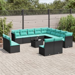 Juego de sofás de patio de ratán sintético negro de 14 piezas con cojines para sofás de jardín - Product Image 1