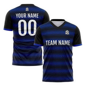 เสื้อฟุตบอลแบบซับลิเมชั่นสีน้ำเงินดำ คอวี แขนสั้น ระบายเหงื่อได้ดี สำหรับทีม ผู้ใหญ่ ใส่ได้ทุกฤดู - Product Image 1