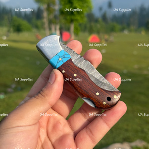 Damascus Steel Drop Point Camping Knife With Wood Handle And Turquoise Inlay Folding Pocket Knife EDC Outdoor <b>Tool</b> - Product Image 4