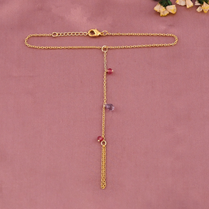 Natural <b>Amethyst</b> & Pink Tourmaline Beaded Link Chain <b>Bracelet</b> | Gold Plated Brass - Product Image 3