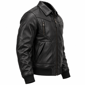 Chaqueta de Cuero Genuino de Vaca Negra para Hombre, Forro Acolchado, Cierre de Cremallera, Ribete Acanalado, Estilo Aviador Urbano, Fabricante Personalizado - Product Image 3