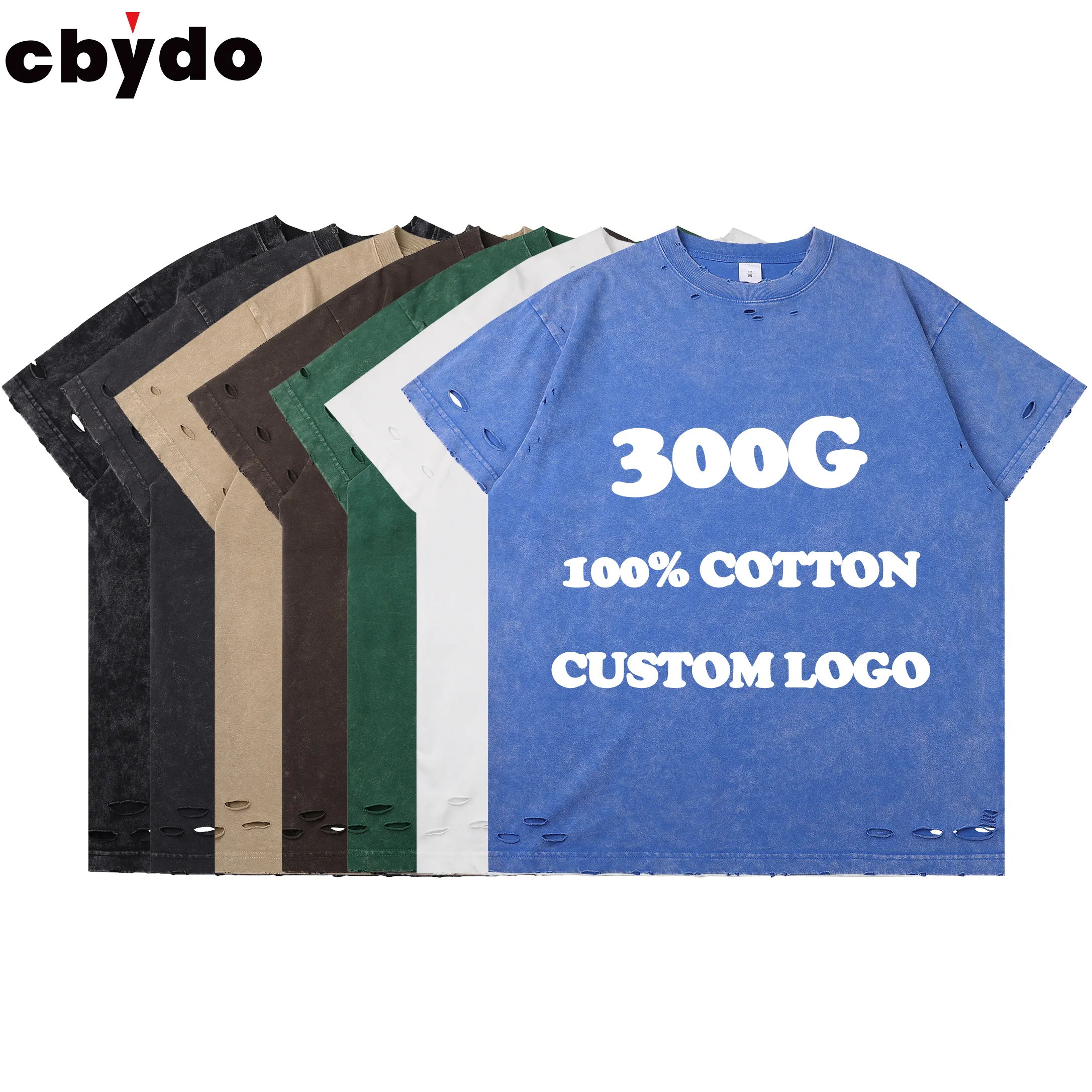 Cbydo 300G 100% Cotton Heavyweight Axit Rửa Quá Khổ Áo Thun Dtg In Ấn Đục Cổ Điển T-Shirt Tùy Chỉnh T Áo Sơ Mi Cho Nam Giới