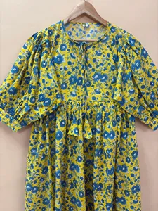 Women's <b>Loose</b> Fit Yellow Floral Print Cotton Midi <b>Dress</b> Tie-Neck Short Sleeve Casual Summer <b>Dress</b> Breathable Short <b>Dress</b> - Product Image 5
