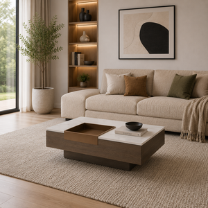 Luxury Wooden Coffee <b>Table</b> with White <b>Marble</b> Top | Modern Designer Cocktail <b>Table</b> with Open Storage Tray for Living Room, Villa - Product Image 2