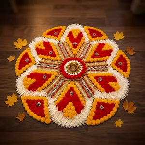 Décoration florale traditionnelle faite à la main Rangoli Rouge Jaune Blanc pour Entrée Intérieure Décoration de la maison Diwali Support au sol en fibres végétales - Product Image 6