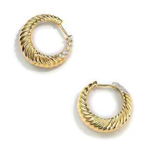 Boucles d'oreilles créoles de luxe en or jaune avec diamant rond taille brillant pour femme, bijoux de soirée - Product Image 2
