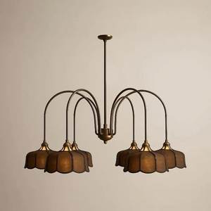 Lustre en laiton brossé avec accents en bois de noyer et abat-jour en verre givré, lampe suspendue pour salon, lumière de Noël - Product Image 2