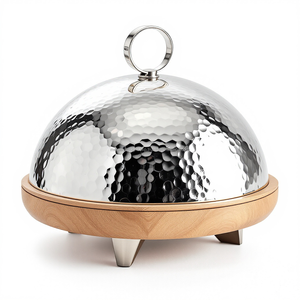 Elegant round <b>Serving</b> Round <b>Dishes</b> Handcrafted Wood & Metal Cheese Cloche <b>with</b> Stainless Steel <b>Lid</b> for Dining and Cooking - Product Image 6