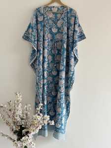 Caftán de algodón con estampado floral hecho a mano, vestido de playa estilo bohemio indio, vestido largo de algodón puro suave para mujer, ropa de dormir. - Product Image 3