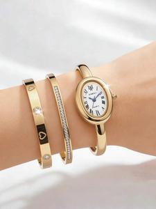 Juego de 3 relojes para mujer, reloj de cuarzo en tono dorado, elegante caja y esfera ovaladas, reloj de pulsera de moda lujoso pero minimalista B933 - Product Image 3