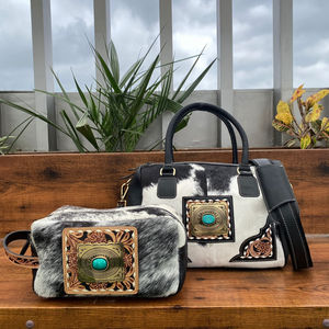 Fabricante de fábrica, cuero genuino Unisex, cuero de vaca reforzado, piedra turquesa, equipaje de viaje y artículos de tocador, juego combinado de 2 piezas - Product Image 5