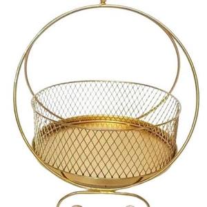 Modern <b>Round</b> Metal <b>Storage</b> <b>Basket</b> Gold Finish Durable Welded Design Standing Type for Living Room Neatening - Product Image 1