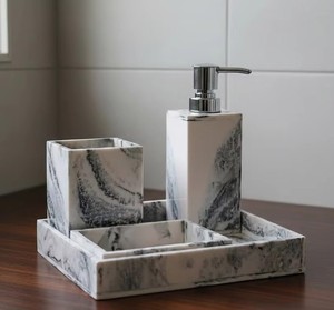 Resin Eco-Friendly Easy Clean Luxury <b>Bathroom</b> <b>Accessories</b> <b>Set</b> modern Look Soap Dispenser Toothbrush Holder Soap Dish Tray - Product Image 3