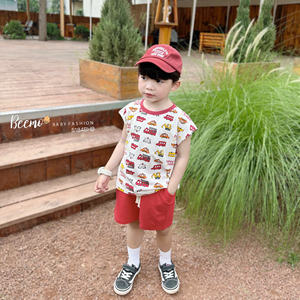 T-shirts en toile décontractés d'été de haute qualité à manches courtes, imprimés voiture, pour tout-petits garçons, ensembles en coton pour la maison - Product Image 2