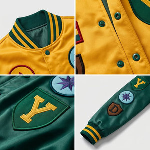 Veste universitaire en PU jaune-vert pour homme avec motifs de patchs, style preppy, col rabattu, coupe classique, vêtement d'automne - Product Image 6