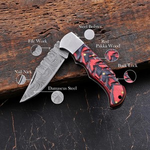 Hand Forged Damascus Steel <b>Folding</b> Blade <b>Knife</b> Pakka Wood Non Slip Handle Leather Sheath Pocket EDC Hunting Camping <b>Knife</b> - Product Image 4
