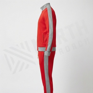 Survêtement rouge pour homme, fermeture éclair intégrale, col montant, vêtements de sport décontractés, mélange de polyester et de coton, vêtements d'automne, couleur unie, poches latérales - Product Image 3