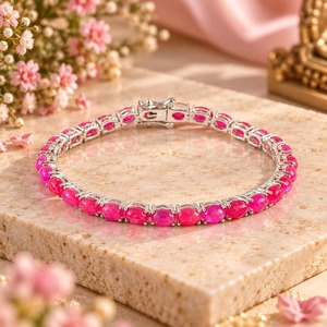 Pink Oval Gemstone 925 Sterling <b>Silver</b> Tennis <b>Bracelet</b> Handmade Rhodium Plated Link Women's Wholesale Jewelry - Product Image 1